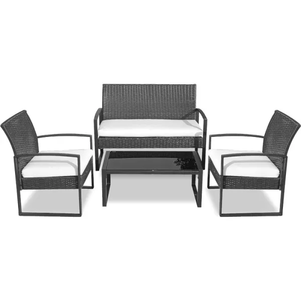 SereneLife 4 Piece Conversation/Chat Set, Outdoor Living Rattan Furniture, Includes 1 Double &amp; 2 Single Chairs with Cushion &amp; 1 Glass-top Coffee Table, Black