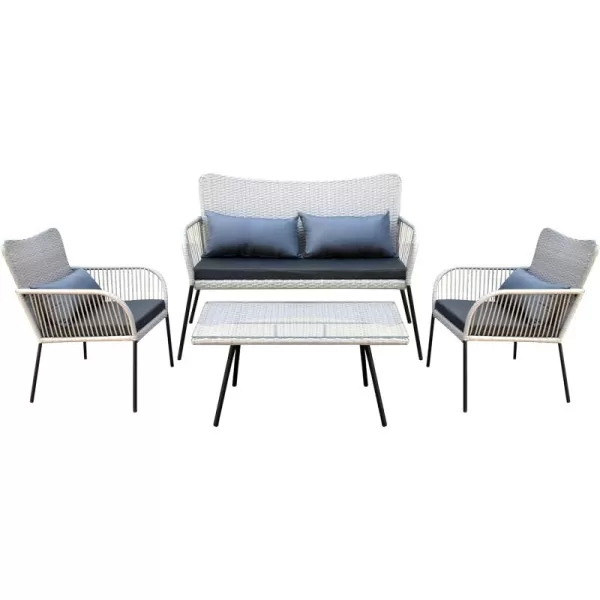 SereneLife 4 Piece Conversation/Chat Set, Outdoor Living Rattan Furniture, Includes 1 Double &amp; 2 Single Chairs with Cushion &amp; 1 Glass-top Coffee Table 