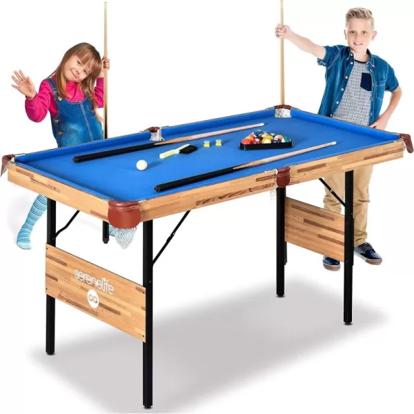 SereneLife 4.5ft Folding Pool Table, 54in Portable Foldable Billiards Game Table for Kids and Adults with Accessories, Indoor and Outdoor Games with Sticks, Cue, Balls and Triangle, Blue