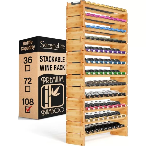 SereneLife Bamboo Stackable Wine Rack, 8-Tier 72 Bottle Capacity Wine Racks Free Standing Floor, No Tools Assembly, Modular Storage Display Shelf for Kitchen and Cellar 33.5" x 10" x 42"