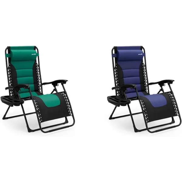 SereneLife Foldable Outdoor Zero Gravity Padded Lawn Chair, Adjustable Steel Mesh Recliners, w/ Removable Pillows and Cup Holder Side Tables, Set of 2, Blue and Black