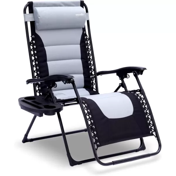 SereneLife Foldable Outdoor Zero Gravity Padded Lawn Chair, Adjustable Steel Mesh Recliners, w/ Removable Pillows and Cup Holder Side Tables, Set of 2, Blue and Black
