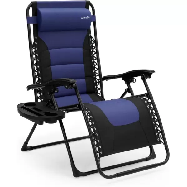 SereneLife Foldable Outdoor Zero Gravity Padded Lawn Chair, Adjustable Steel Mesh Recliners, w/ Removable Pillows and Cup Holder Side Tables, Set of 2, Gray and Black