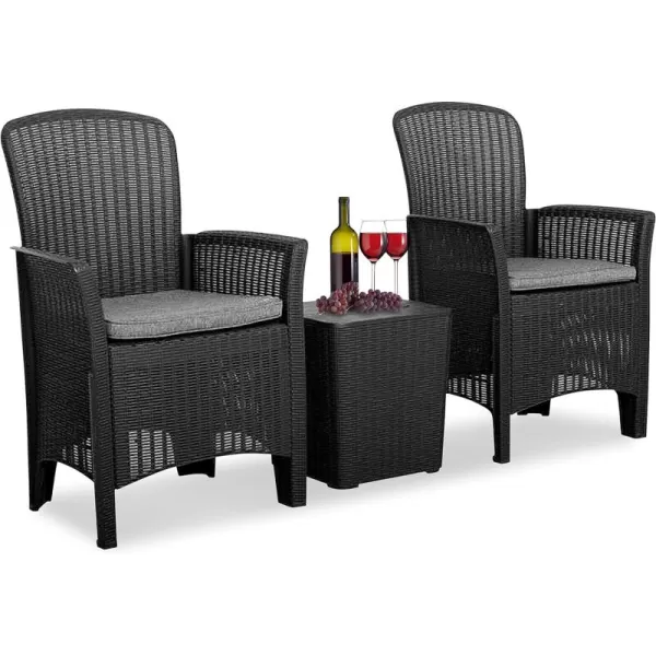 SereneLife Porch 3 Piece Rattan Wicker Chairs with Table, Patio Conversation Bistro, Outdoor Garden Furniture Sets, 24 x 23 x 36.75 inches, Black