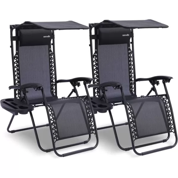 SereneLife Zero Gravity Lounge Chair, Adjustable Steel Mesh Recliners, with Canopy, Removable Pillows and Cup Holder Side Tables, Set of 2, Cream