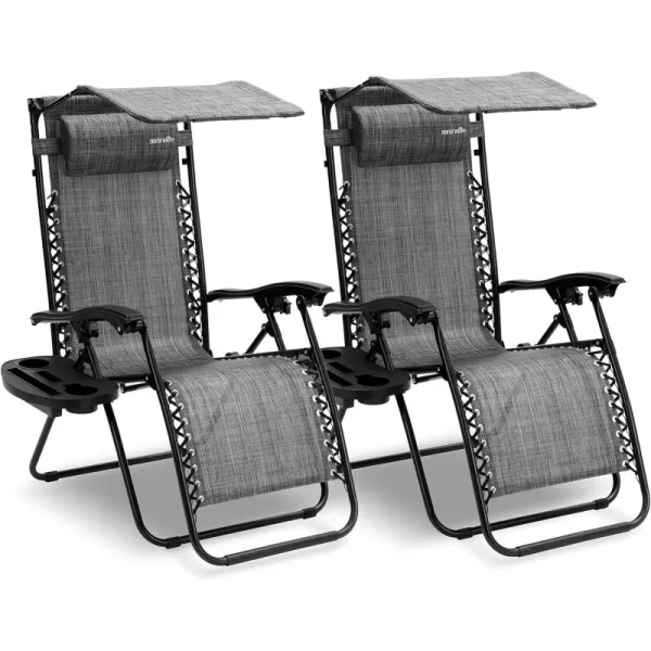 SereneLife Zero Gravity Lounge Chair, Adjustable Steel Mesh Recliners, with Canopy, Removable Pillows and Cup Holder Side Tables, Set of 2, Cream