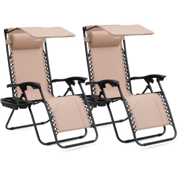SereneLife Zero Gravity Lounge Chair, Adjustable Steel Mesh Recliners, with Canopy, Removable Pillows and Cup Holder Side Tables, Set of 2, Cream