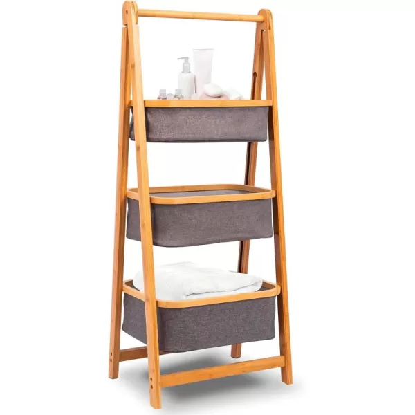 SerenelifeHome 3 Tier Fold Out Hamper Shelf Storage - Space Saving Collapsible Foldable Natural Bamboo Wooden Organizer Removable Baskets for Bedroom Bathroom Laundry Clothes Towels