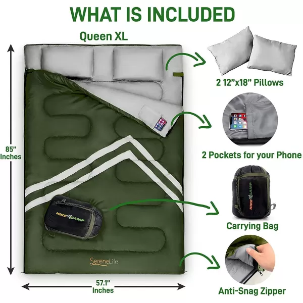 Backpacking Sleeping Bag Camping Gear - Double Sleeping Bag for Adults/Teens w/ 2 Pillows, Bag - Outdoor Lightweight Weather Proof Sleeping Bags - Camping, Hiking - SereneLife