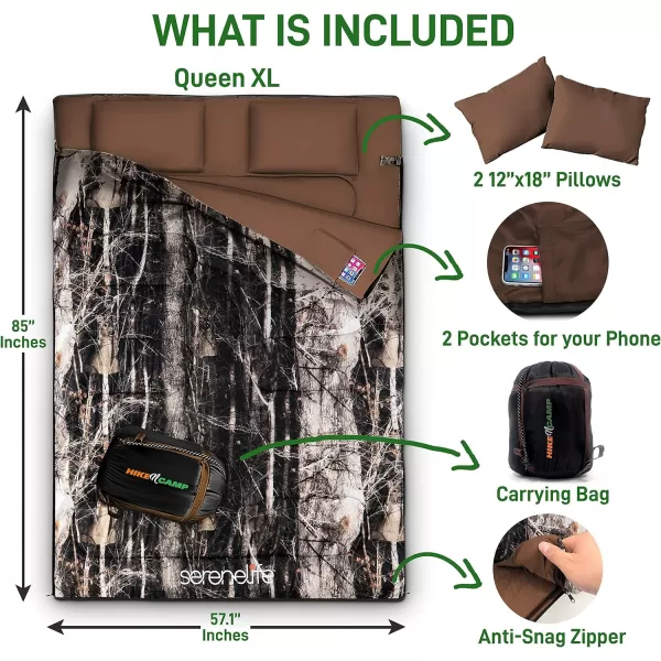 Backpacking Sleeping Bag Camping Gear - Double Sleeping Bag for Adults/Teens w/ 2 Pillows, Bag - Outdoor Lightweight Weather Proof Sleeping Bags - Camping, Hiking - SereneLife