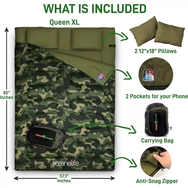 Backpacking Sleeping Bag Camping Gear - Double Sleeping Bag for Adults/Teens w/ 2 Pillows, Bag - Outdoor Lightweight Weather Proof Sleeping Bags - Camping, Hiking - SereneLife