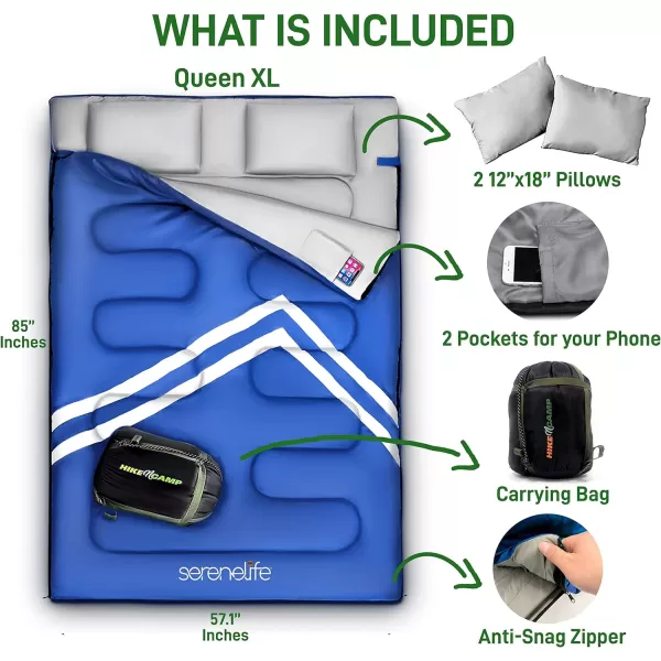 Backpacking Sleeping Bag Camping Gear - Double Sleeping Bag for Adults/Teens w/ 2 Pillows, Bag - Outdoor Lightweight Weather Proof Sleeping Bags - Camping, Hiking - SereneLife