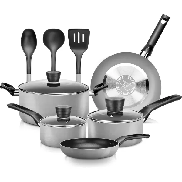 SereneLife Kitchenware Pots &amp; Pans Basic Kitchen Cookware, Black Non-Stick Coating Inside, Heat Resistant Lacquer , One Size, Gray