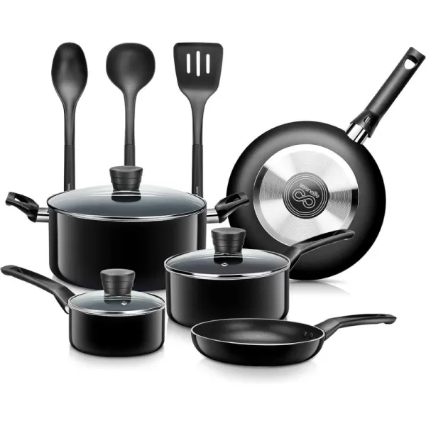 SereneLife Kitchenware Pots &amp; Pans Basic Kitchen Cookware, Black Non-Stick Coating Inside, Heat Resistant Lacquer , One Size, Gray