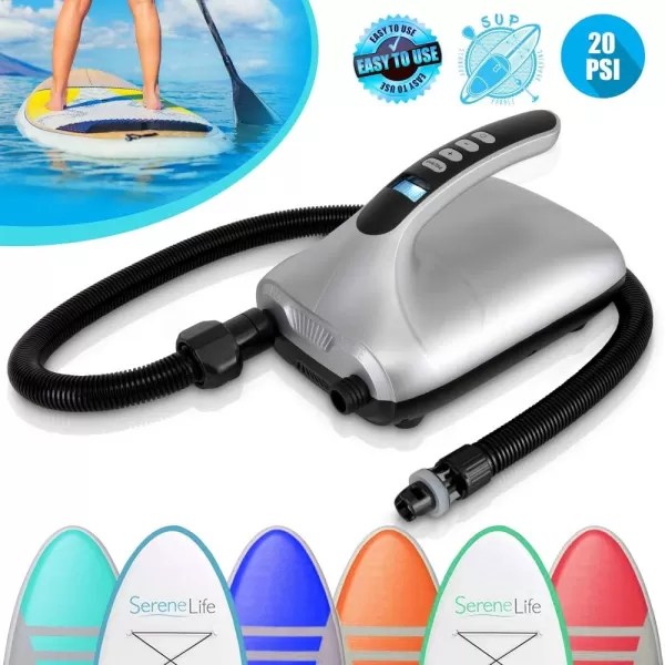 20PSI High Pressure SUP Electric Air Pump,Dual Stage Inflation Paddle Board Pump for Inflatable Stand Up Paddle Boards, Boats,Kayak,12V DC Car Connector by SereneLife