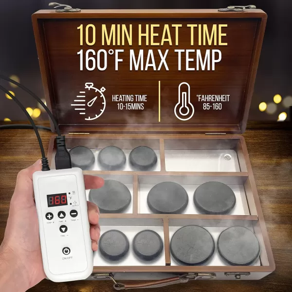 Massage Stone Heater Box Set-Electric Spa Portable Heated Rocks Massage Stones and Warmer Set - Heat Rock Massaging Kit 12 Large/Small Black Stone Set w/Bamboo Heating Case-SereneLife PSLMSGST65.5