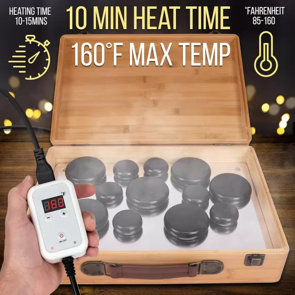 Massage Stone Heater Box Set-Electric Spa Portable Heated Rocks Massage Stones and Warmer Set - Heat Rock Massaging Kit 12 Large/Small Black Stone Set w/Bamboo Heating Case-SereneLife PSLMSGST65.5
