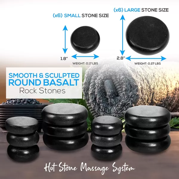 Massage Stone Heater Box Set-Electric Spa Portable Heated Rocks Massage Stones and Warmer Set - Heat Rock Massaging Kit 12 Large/Small Black Stone Set w/Bamboo Heating Case-SereneLife PSLMSGST65.5