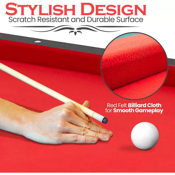 Portable 6 Ft. Pool Table - Compact Design with 18 Aiming Points, Low Friction Surface, Space Saving, Adjustable Feet, Locking Leg Safety, and Complete Accessory Kit - SereneLife SLPO730 , Red