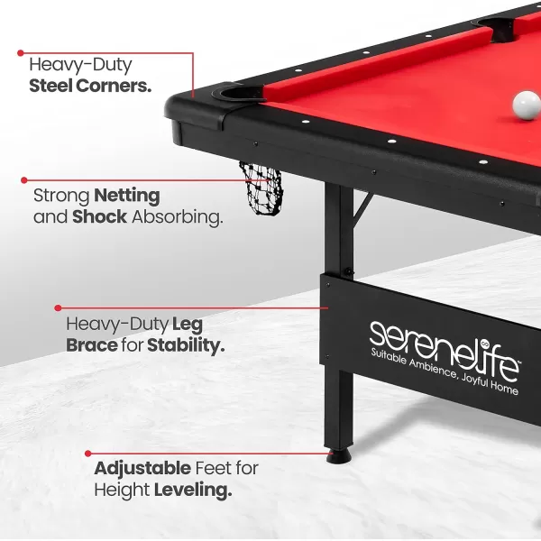 Portable 6 Ft. Pool Table - Compact Design with 18 Aiming Points, Low Friction Surface, Space Saving, Adjustable Feet, Locking Leg Safety, and Complete Accessory Kit - SereneLife SLPO730 , Red