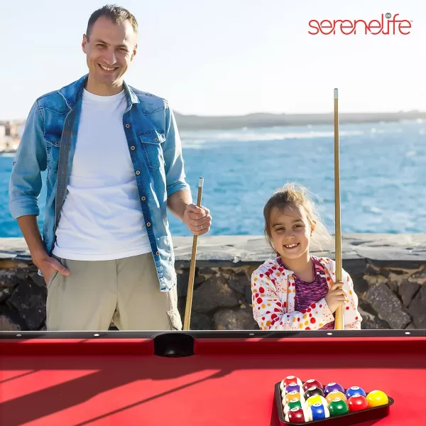 Portable 6 Ft. Pool Table - Compact Design with 18 Aiming Points, Low Friction Surface, Space Saving, Adjustable Feet, Locking Leg Safety, and Complete Accessory Kit - SereneLife SLPO730 , Red
