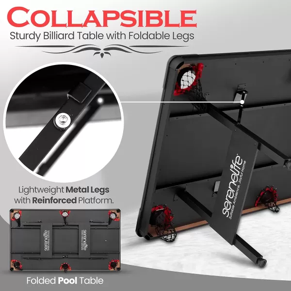 Portable 6 Ft. Pool Table - Compact Design with 18 Aiming Points, Low Friction Surface, Space Saving, Adjustable Feet, Locking Leg Safety, and Complete Accessory Kit - SereneLife SLPO730 , Red