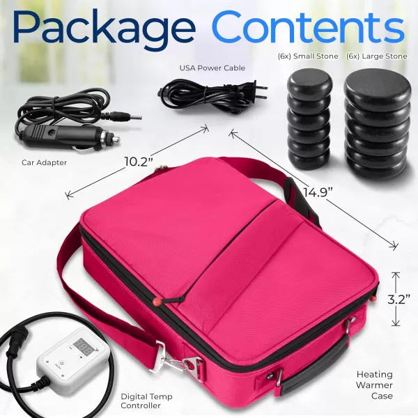 Portable Massage Stone Warmer Set - Electric Spa Hot Stones Massager and Heater Kit with 6 Large and 6 Small Round Shaped Basalt Massaging Rocks, Digital Controller Heating Bag, Pink