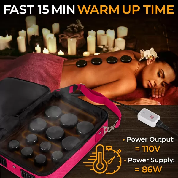 Portable Massage Stone Warmer Set - Electric Spa Hot Stones Massager and Heater Kit with 6 Large and 6 Small Round Shaped Basalt Massaging Rocks, Digital Controller Heating Bag, Pink