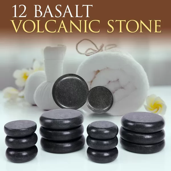 Portable Massage Stone Warmer Set - Electric Spa Hot Stones Massager and Heater Kit with 6 Large and 6 Small Round Shaped Basalt Massaging Rocks, Digital Controller Heating Bag, Pink