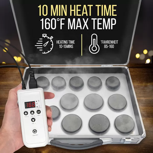 Portable Massage Stone Warmer Set - Electric Spa Hot Stones Massager and Heater Kit with 6 Large and 6 Small Round Shaped Basalt Massaging Rocks, Digital Controller Heating Bag, Pink
