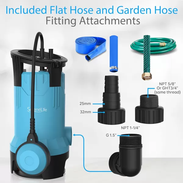 SereneLife 1HP Sump Pump Submersible, 3300GPH Water Pump for Pool Draining with Auto Float Switch, 3pc Adapter Set for USA Garden and Flat Hose, 16ft Cord, Clean Dirty Water, Yard, Pool, Tub, Pond