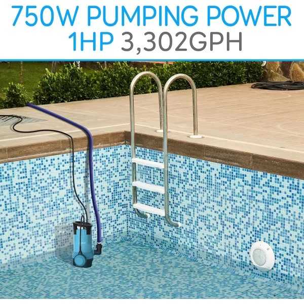 SereneLife 1HP Sump Pump Submersible, 3300GPH Water Pump for Pool Draining with Auto Float Switch, 3pc Adapter Set for USA Garden and Flat Hose, 16ft Cord, Clean Dirty Water, Yard, Pool, Tub, Pond