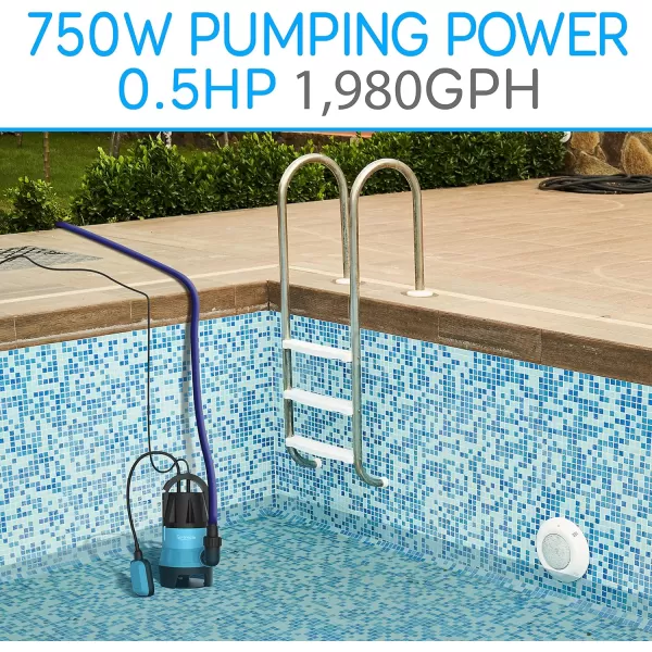 SereneLife 1HP Sump Pump Submersible, 3300GPH Water Pump for Pool Draining with Auto Float Switch, 3pc Adapter Set for USA Garden and Flat Hose, 16ft Cord, Clean Dirty Water, Yard, Pool, Tub, Pond