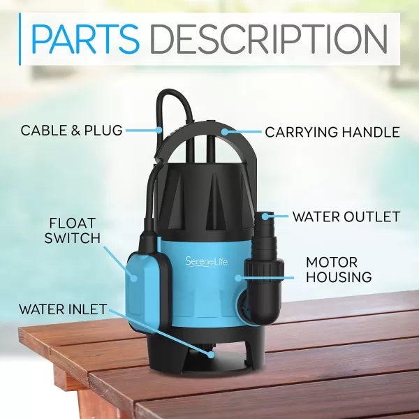 SereneLife 1HP Sump Pump Submersible, 3300GPH Water Pump for Pool Draining with Auto Float Switch, 3pc Adapter Set for USA Garden and Flat Hose, 16ft Cord, Clean Dirty Water, Yard, Pool, Tub, Pond