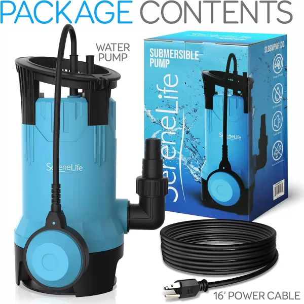 SereneLife 1HP Sump Pump Submersible, 3300GPH Water Pump for Pool Draining with Auto Float Switch, 3pc Adapter Set for USA Garden and Flat Hose, 16ft Cord, Clean Dirty Water, Yard, Pool, Tub, Pond