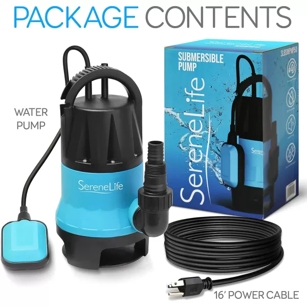 SereneLife 1HP Sump Pump Submersible, 3300GPH Water Pump for Pool Draining with Auto Float Switch, 3pc Adapter Set for USA Garden and Flat Hose, 16ft Cord, Clean Dirty Water, Yard, Pool, Tub, Pond