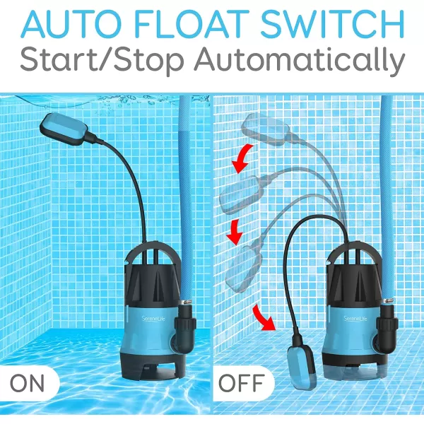 SereneLife 1HP Sump Pump Submersible, 3300GPH Water Pump for Pool Draining with Auto Float Switch, 3pc Adapter Set for USA Garden and Flat Hose, 16ft Cord, Clean Dirty Water, Yard, Pool, Tub, Pond