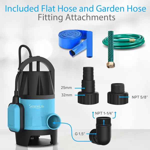 SereneLife 1HP Sump Pump Submersible, 3300GPH Water Pump for Pool Draining with Auto Float Switch, 3pc Adapter Set for USA Garden and Flat Hose, 16ft Cord, Clean Dirty Water, Yard, Pool, Tub, Pond