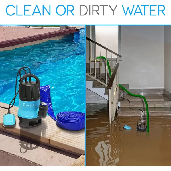 SereneLife 1HP Sump Pump Submersible, 3300GPH Water Pump for Pool Draining with Auto Float Switch, 3pc Adapter Set for USA Garden and Flat Hose, 16ft Cord, Clean Dirty Water, Yard, Pool, Tub, Pond