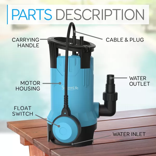 SereneLife 1HP Sump Pump Submersible, 3300GPH Water Pump for Pool Draining with Auto Float Switch, 3pc Adapter Set for USA Garden and Flat Hose, 16ft Cord, Clean Dirty Water, Yard, Pool, Tub, Pond