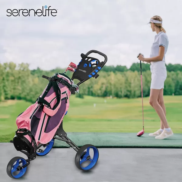 SereneLife 3 Wheel Golf Push Cart - Lightweight Folding Golf Walking Push Cart Roller Golf Bag Holder w/ Upper/Lower Bracket w/ Elastic Strap, Scorecard Storage Compartment