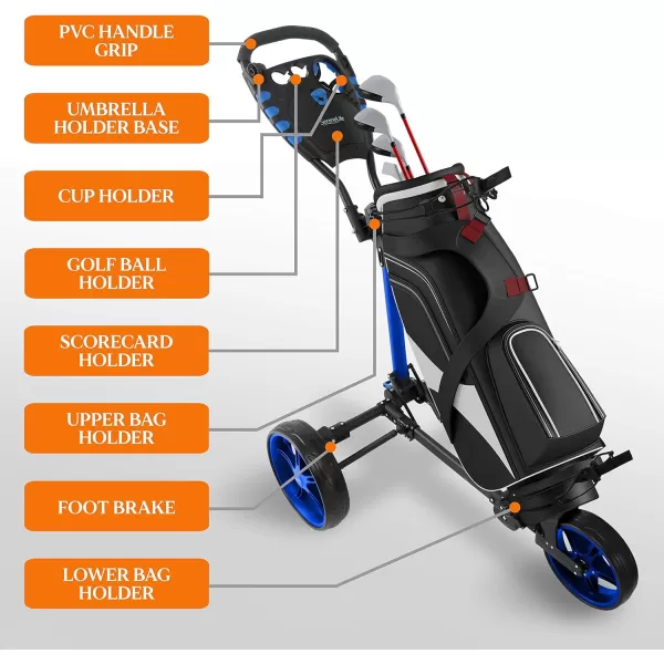 SereneLife 3 Wheel Golf Push Cart - Lightweight Folding Golf Walking Push Cart Roller Golf Bag Holder w/ Upper/Lower Bracket w/ Elastic Strap, Scorecard Storage Compartment