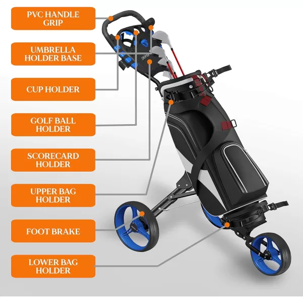 SereneLife 3 Wheel Golf Push Cart - Lightweight Folding Golf Walking Push Cart Roller Golf Bag Holder w/ Upper/Lower Bracket w/ Elastic Strap, Scorecard Storage Compartment