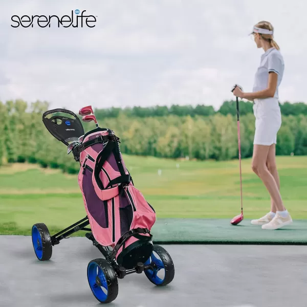 SereneLife 3 Wheel Golf Push Cart - Lightweight Folding Golf Walking Push Cart Roller Golf Bag Holder w/ Upper/Lower Bracket w/ Elastic Strap, Scorecard Storage Compartment