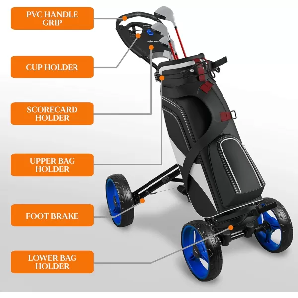 SereneLife 3 Wheel Golf Push Cart - Lightweight Folding Golf Walking Push Cart Roller Golf Bag Holder w/ Upper/Lower Bracket w/ Elastic Strap, Scorecard Storage Compartment