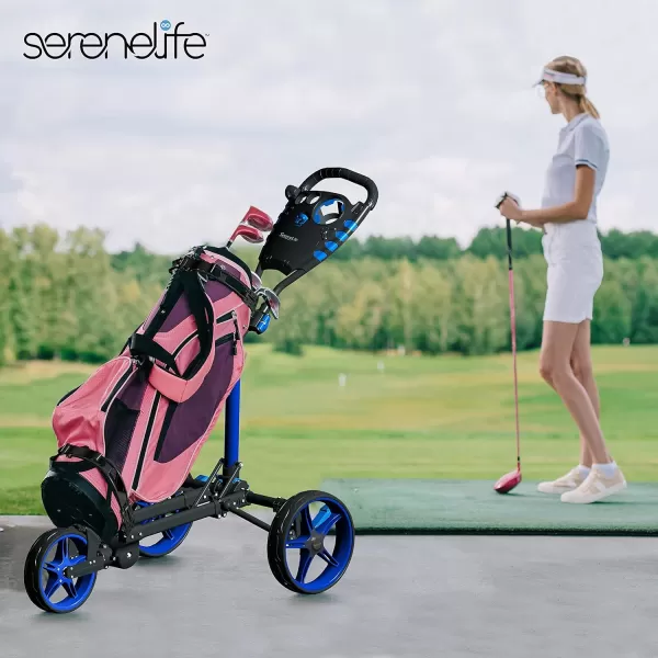 SereneLife 3 Wheel Golf Push Cart - Lightweight Folding Golf Walking Push Cart Roller Golf Bag Holder w/ Upper/Lower Bracket w/ Elastic Strap, Scorecard Storage Compartment