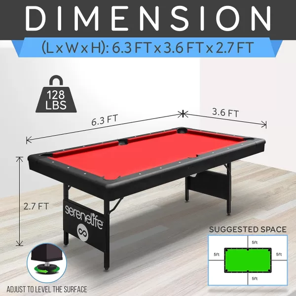 SereneLife 6-Ft Folding Pool Table - Best in Stability - Steel Frame, Fully Supported Slate, Welded Leg Supports with Safety Anti Collapse Locks, 128LB Heavy Duty Billiard Game and Accessory Set