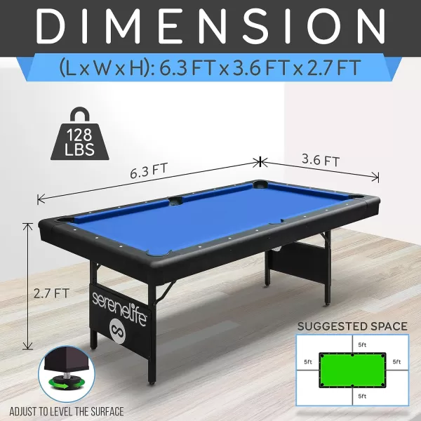SereneLife 6-Ft Folding Pool Table - Best in Stability - Steel Frame, Fully Supported Slate, Welded Leg Supports with Safety Anti Collapse Locks, 128LB Heavy Duty Billiard Game and Accessory Set