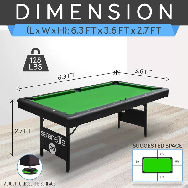 SereneLife 6-Ft Folding Pool Table - Best in Stability - Steel Frame, Fully Supported Slate, Welded Leg Supports with Safety Anti Collapse Locks, 128LB Heavy Duty Billiard Game and Accessory Set
