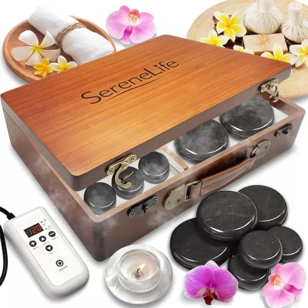 Massage Stone Heater Box Set-Electric Spa Portable Heated Rocks Massage Stones and Warmer Set - Heat Rock Massaging Kit 12 Large/Small Black Stone Set w/Bamboo Heating Case-SereneLife PSLMSGST65.5